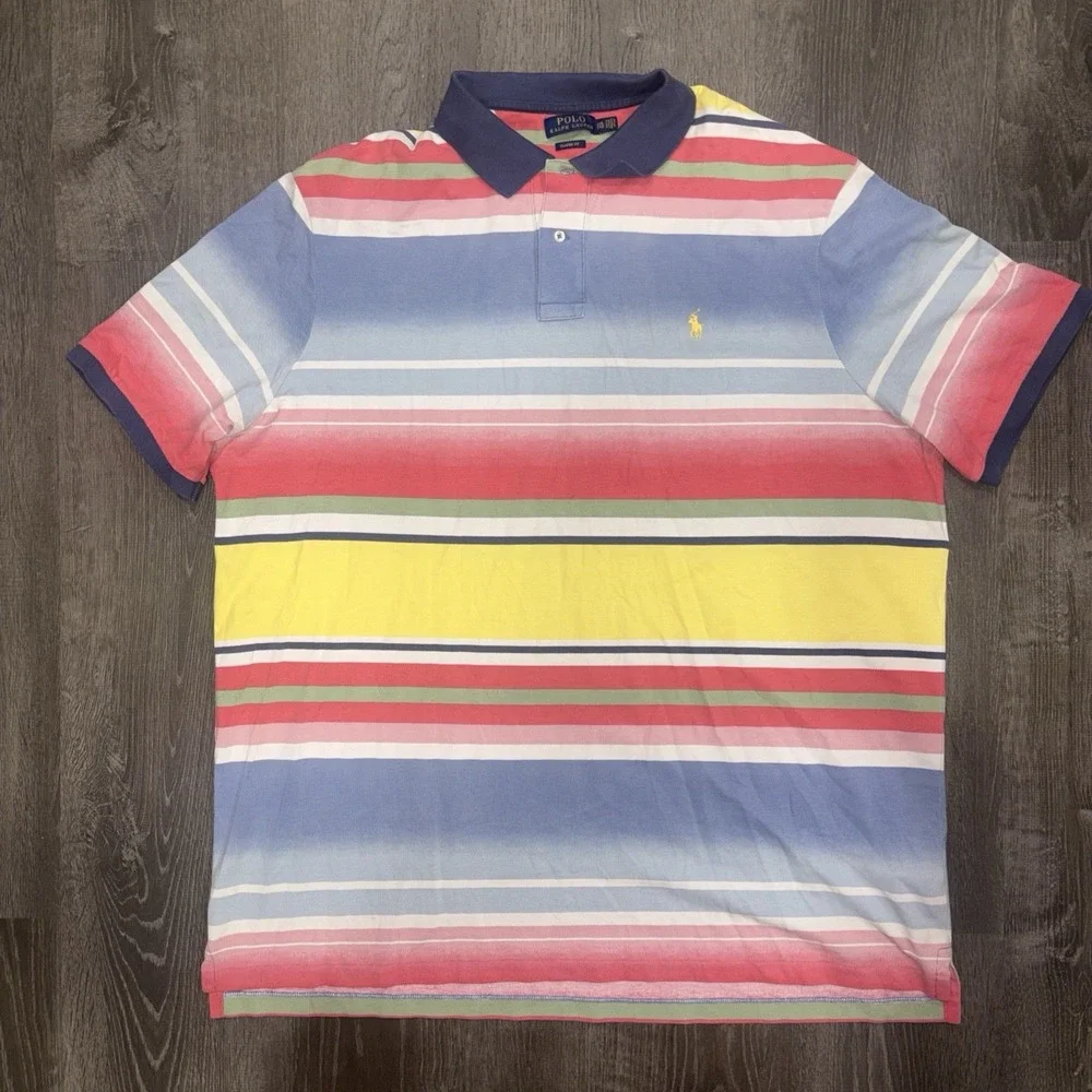 Polo Ralph Lauren Mens XXL Mesh Pony Logo Multi Color Ombre Stripe Shirt Classic